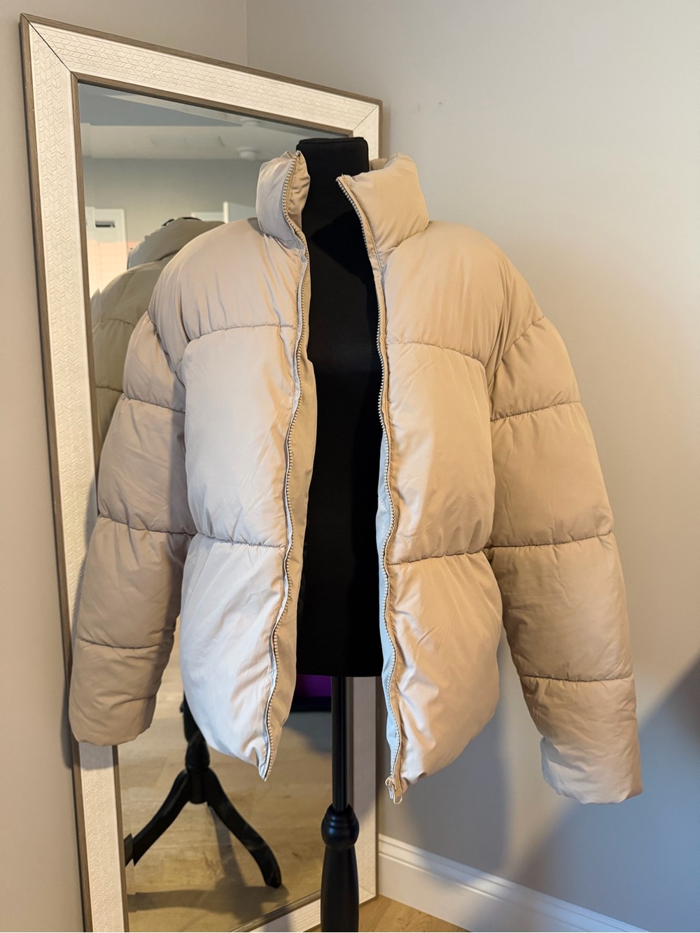 Beige Quilted Puffer Jacket with Stand Collar